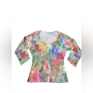 Vintage Kisca By Komarov Floral Stretchy Popcorn Wrinkle Free Blouse Fairy Sz 2